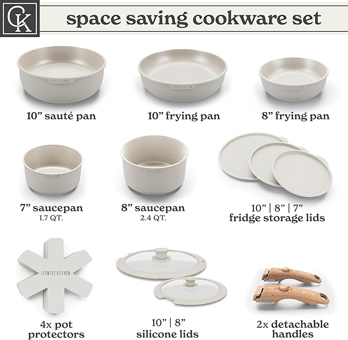 Country Kitchen Cookware Set with Removable Handle Oven &amp RV Safe Pots and Pans Set Cream Gold Speckle Wood Handle Original