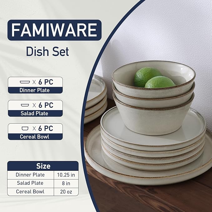 Famiware Annecy Dinner Plates and Bowls Sets Stoneware Dinnerware Sets Dishes Set for 6 18 Pieces Handmade Dishware Set - Microwave &amp Dishwasher Safe Double Reactive Glaze Tableware Grey-Whit