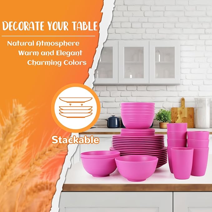 Wheat Straw Dinnerware Set 40 PCS | Service for 8 | Unbreakable Plates and Bowls Sets Plastic Reusable Dishes Sets Dinner Plates Cereal Bowls Water Cups Kitchen Set for Home RV- Pink