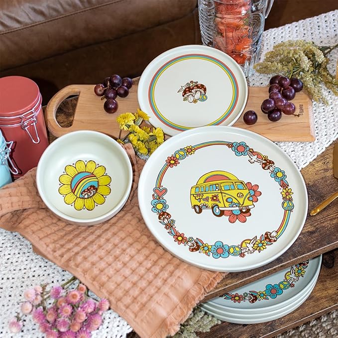 Everything Kitchens Modern Flat 16-Piece Dinnerware Set | Peace &amp Love (12-Piece Dinnerware Set)