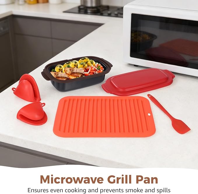 Microwave Cookware Set Red Silicone Grill Pan 9.3 X 4.7 X 3.1 in with Anti-Scalding Mat Spatula and Clips Microwave Safe