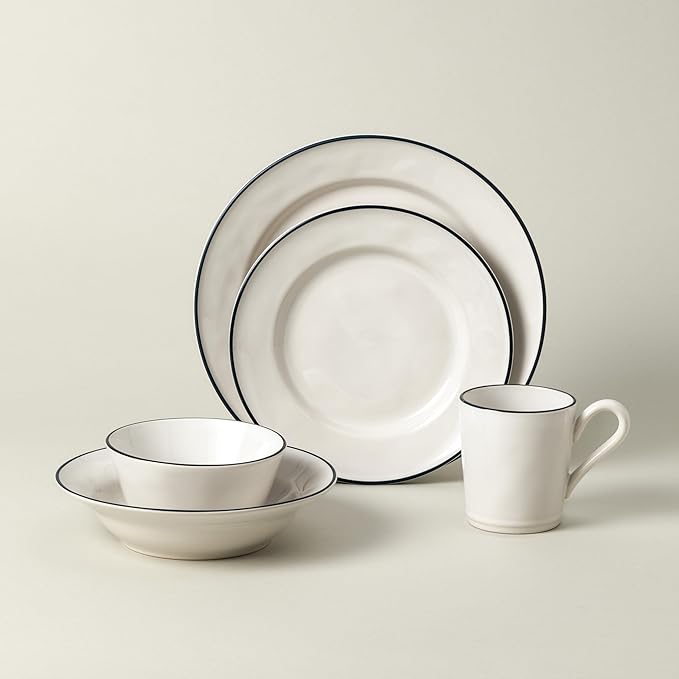 Costa Nova Ceramic Stoneware 5-Piece Place Setting Service for 1 - Beja Collection White &amp Blue | Microwave &amp Dishwasher Safe Dinnerware Set | Food Safe Glazing | Restaurant Quality Tableware