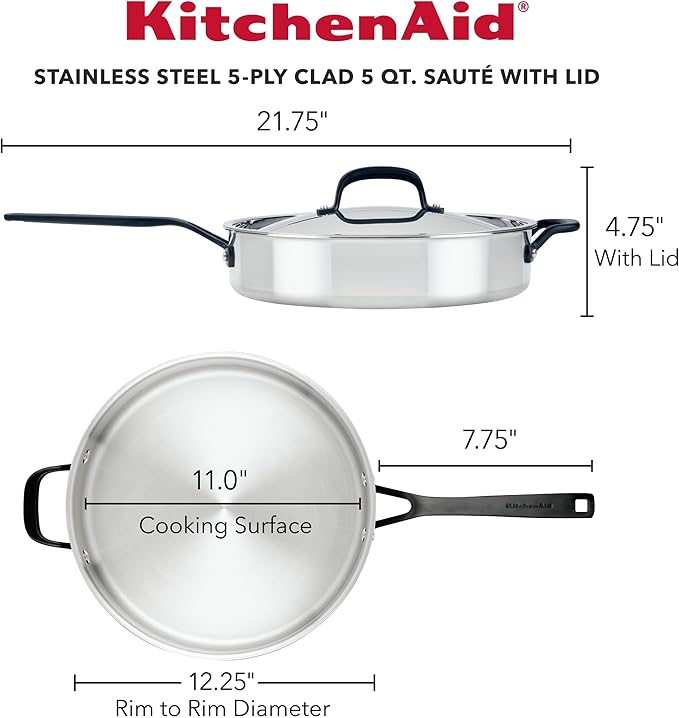 KitchenAid 5-Ply Clad Stainless Steel Stainless Steel Induction Saute Pan with Lid 5 Quart - Polished Stainless Steel