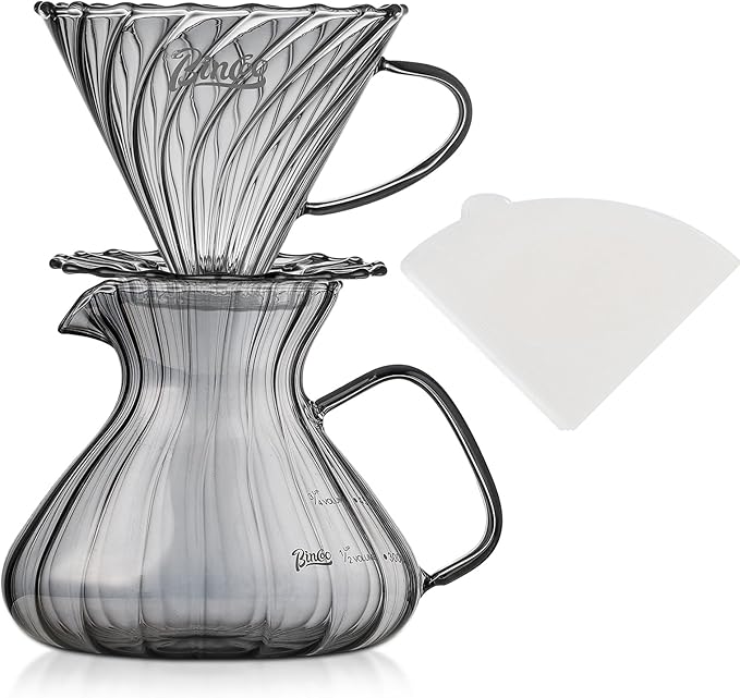 Bincoo Pour Over Coffee Maker Set650ML Borosilicate Glass Carafe with Coffee Driper&amp50pcs Paper FilterGlass Coffee Maker for Home Café Restaurant(Gray)
