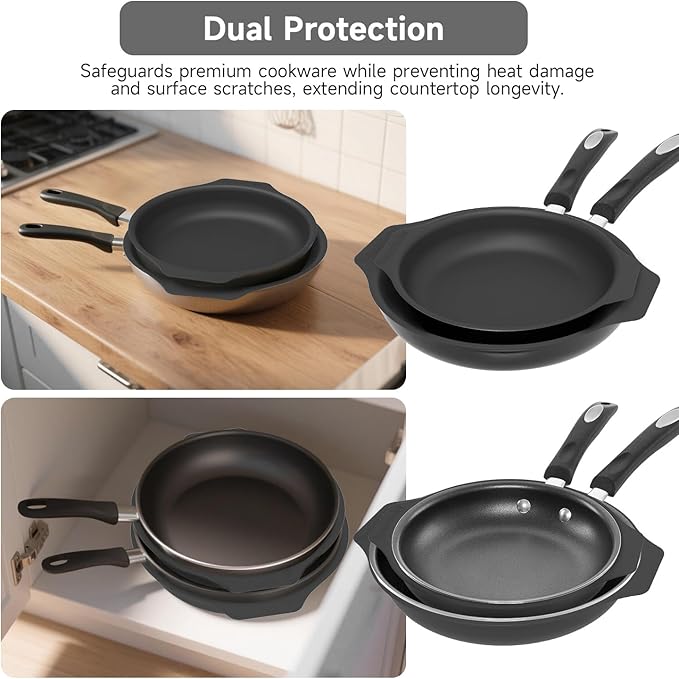Silicone Pan Protectors &amp Separators for Stacking (10 &amp 12 Inch) - Non-Toxic Heat-Resistant Pads | Dishwasher Safe Durable Cookware Protector (Black Mixed)