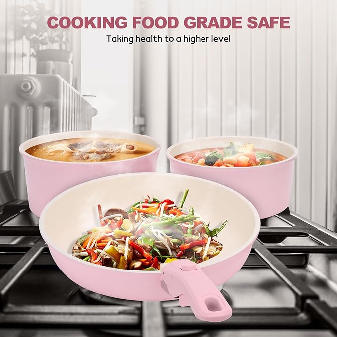 17 Piece Ceramic Pots and Pans Set Non Stick Cookware Set with Detachable Handle Dishwasher/Oven Safe Induction Ready Stackable RV Kitchen Cooking Set Removable Handles Pots Protectors Pink