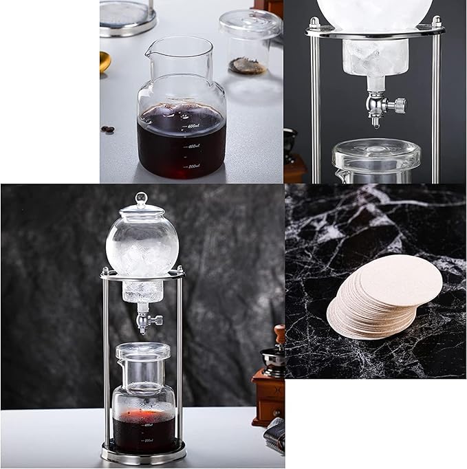 Ice Cold Brew Dripper Coffee Maker 600ml Cold Brew Drip Tower with Adjustable Valve Stainless Steel Stand DIY Ice Coffee Brew Tower