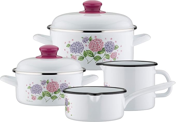 GSW Hydrangea 6-Piece Saucepan Set Steel Enamel Plastic White