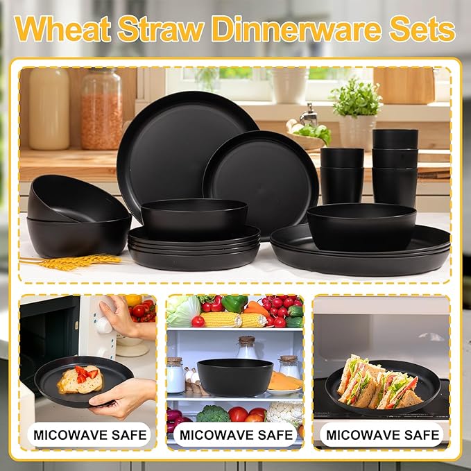 EI 24pcs Black Wheat Straw PlatesWheat Straw Dinnerware SetPlates and Bowls SetsReuasble PlateUnbreakable Dinner Plate Heavy Duty Plastic for Picnic Outdoor Activities Dormitory Kitchen