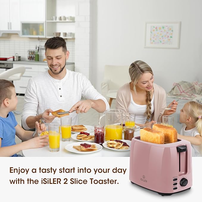 iSiLER 2 Slice Toaster 1.3 Inches Wide Slot Bagel Toaster with 7 Shade Settings and Double Side Baking Removable Crumb Tray Defrost Cancel Function Pink