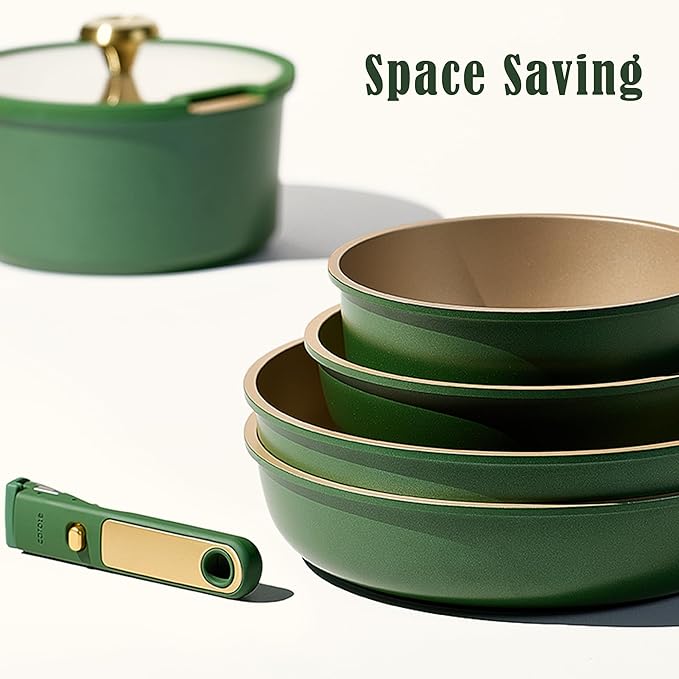 CAROTE Green&ampGold Nonstick Cookware Set15Pcs Pots and Pans Set Non Stick Detachable/Removable HandleKitchen Cooking Set Dishwasher Safe RV Kitchen Pot and Pan Induction Cookware
