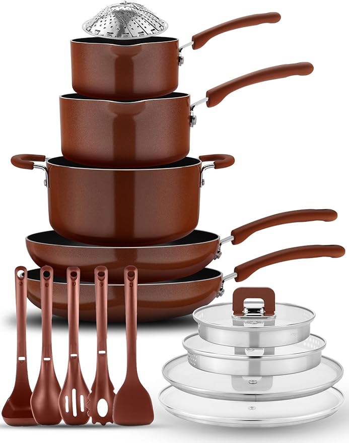 NutriChef Space Saver 17-Piece Nonstick Cookware Set - Brown Pots and Pans with Stackable Design Foldable Handles Induction Ready
