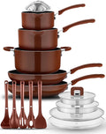 NutriChef Space Saver 17-Piece Nonstick Cookware Set - Brown Pots and Pans with Stackable Design Foldable Handles Induction Ready