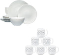 BZYOO 12 Piece Ceramic Dinnerware Set Serive for 4 Porcelain Plates and Bowls for Dining Pearl White + Ceramics 14oz Coffee Mug Set of 6