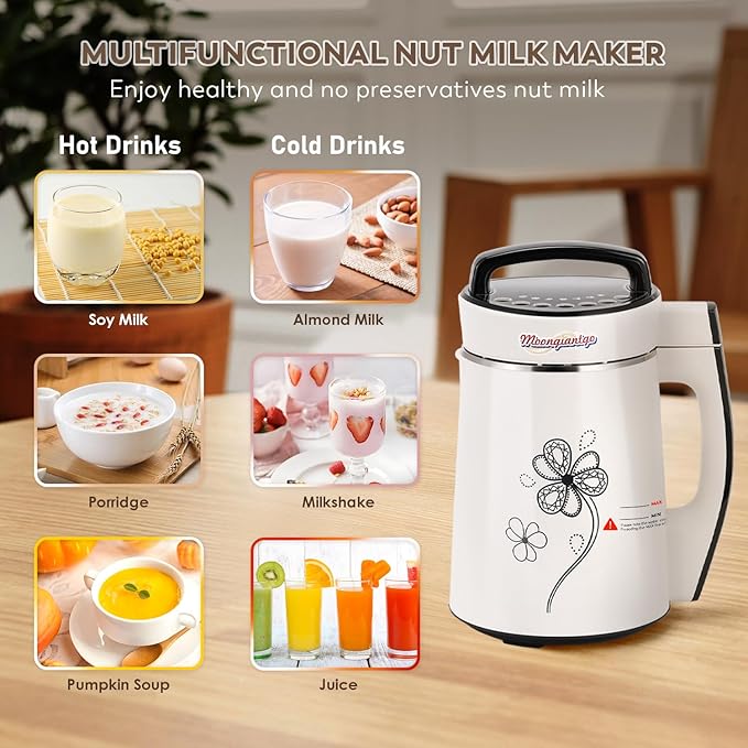 Moongiantgo Automatic Soy Milk Maker 37.2oz 1100ml 8 in 1 Nut Milk Maker with Self-Cleaning/Boil Water/Recipe Homemade Almond Milk Machine Plant Based Milk Juice Beverages Maker 110V
