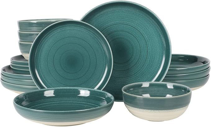 16-Piece Double Bowl Reactive Glaze Stoneware Dinnerware Set Green Solid Casual Round 16 Piece Dishwasher Safe