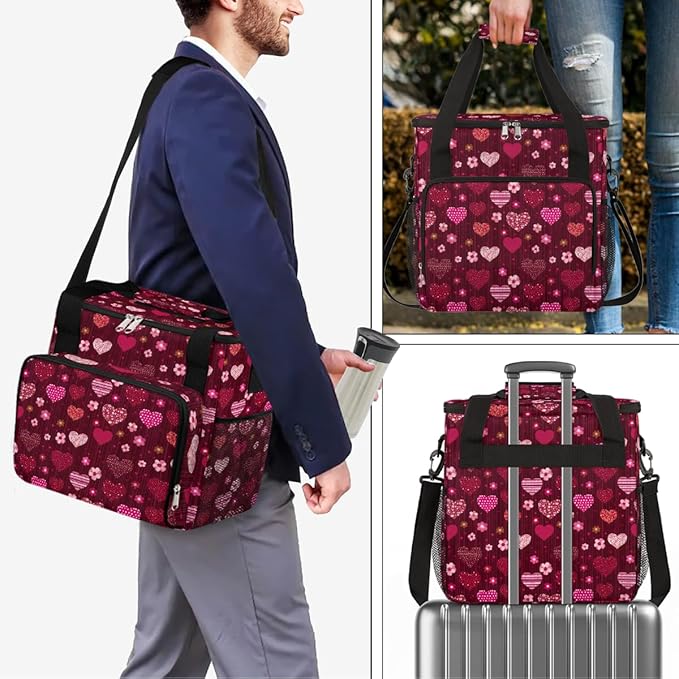 Valentine's Day Heart Flowers Coffee Maker Carrying Bag Coffee Machine Travel Storage Bag Compatible with K-Mini or K-Mini Plus Portable Single Serve Coffees Brewer Case with Pockets for K-Cup Pods