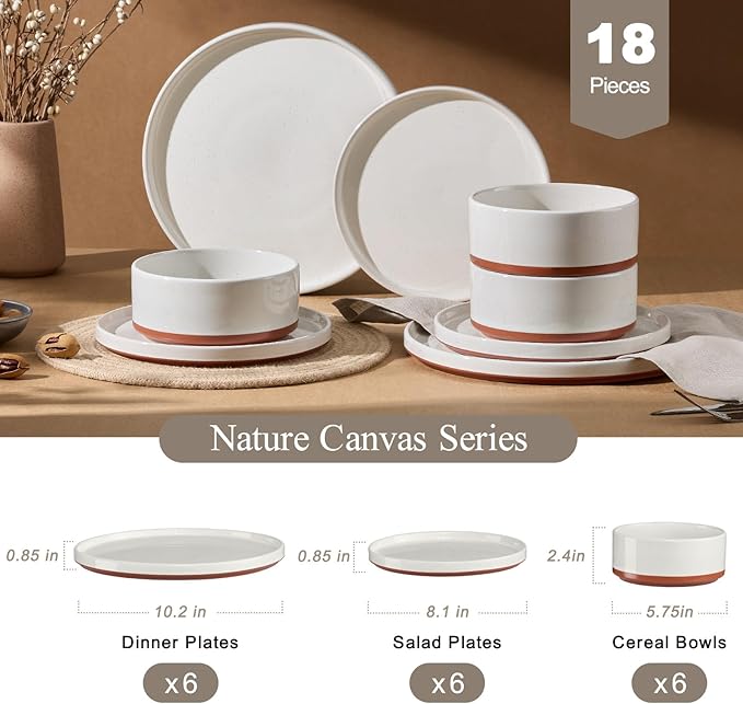 LIANYU Stoneware Dinnerware Sets Service for 6 18 PCS Plates and Bowls Sets Handmade Ceramic Dish Set Highly Chip and Crack Resistant Modern Plate Set Cloud White