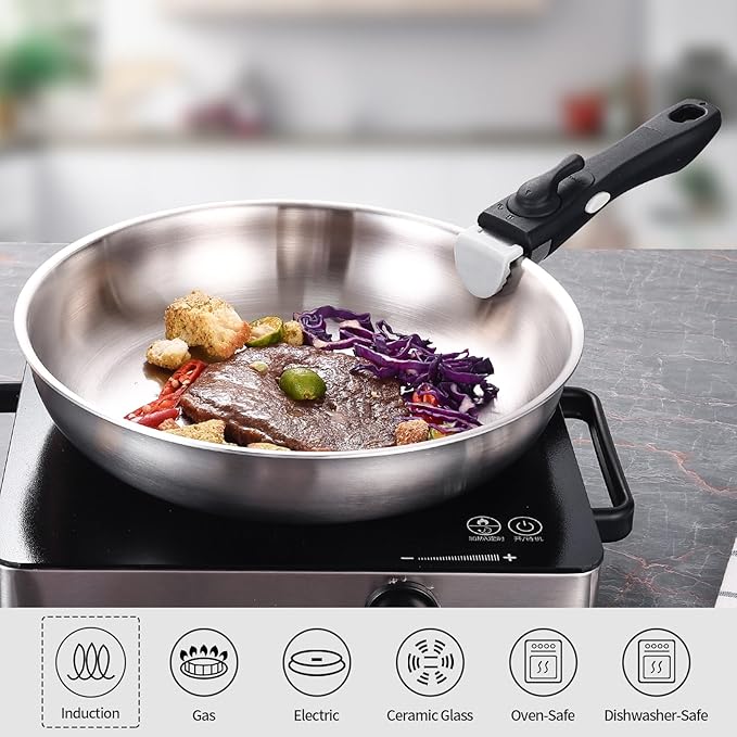 Inqibee Tri-Ply Stainless Steel Cookware Set with Detachable Handle Removable Handle Pots and Pans Set 6pcs Induction Kitchen Cooking Set for Home &amp RV Camping Dishwasher and Oven Safe