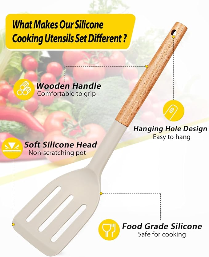 Pack of 4 Silicone Cooking Utensils Set Non Stick Solid Spatulas and Heat Resistant Slotted Spoons with Wooden Handle Ideal Wood Kitchen Utensils Set for FryingServingTurningStirring (KHAKI)