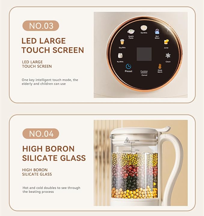 1.4L Multi functional soymilk maker SUS and ABS material 600W with Timer Automatic Almond Milk Machine Insulation Function for Various Non Dairy Beverages (US Plug 110V)