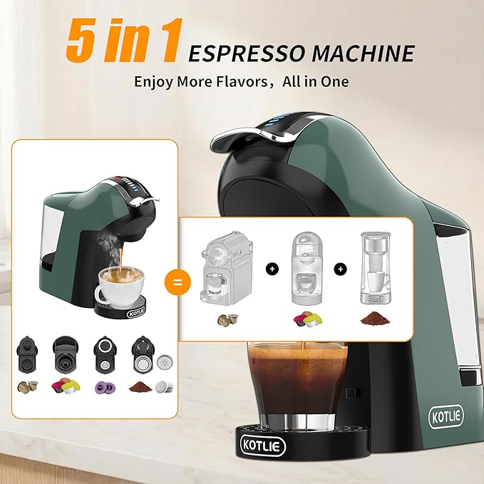 KOTLIE EM-308B Espresso Machine Single Serve Coffee Maker Compatible with Multiple Capsule Types Ground Coffee and ESE Pods 3 Temperatures 7 Water Volume Levels 34 Oz（Green）