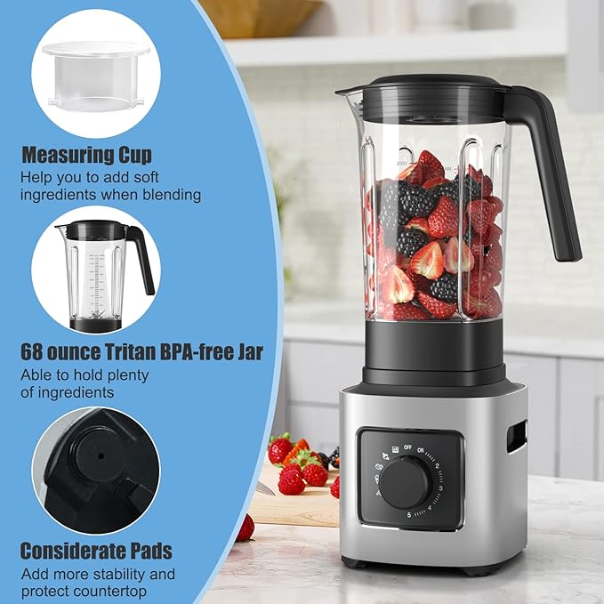 LDAILY Professional Blender Heavy Duty Smoothie Maker w/ 1500W Motor 68 oz Tritan Jar 6 Stainless Steel Blades 5-Level Speed Control &amp 5 Preset Modes Blender for Milkshake &amp Juice Silver