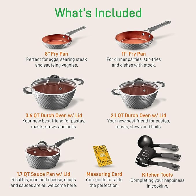 NutriChef NCCW11GD 11 Piece Nonstick Ceramic Coating Diamond Pattern Kitchen Cookware Pots and Pan Set with Lids and Utensils Gray (2 Pack)