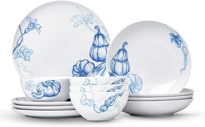 Minh Long 12 Pcs Porcelain Thanksgiving Dinnerware Set Pumpkins Harvest Plates and Bowls Set for 4 Fall Dishes Chip &amp Scratch Resistant Oven Safe up to 482°F Non Toxic Dishwasher &amp Microwa