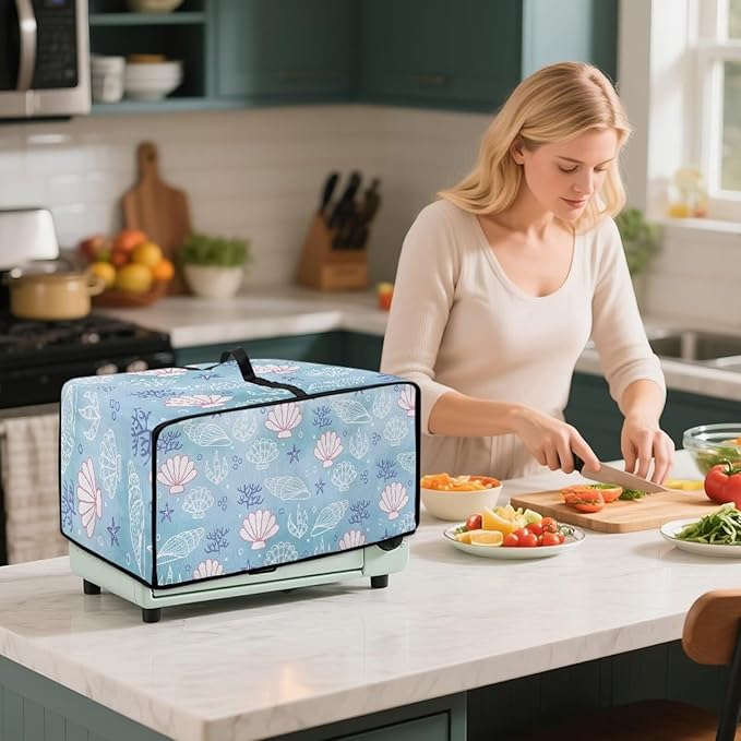 Toaster Oven Cover Faux Linen Polyester Appliances Dust Cover for Convection Toaster Oven Air Fryer with Top Handle Side Pockets Shell Print