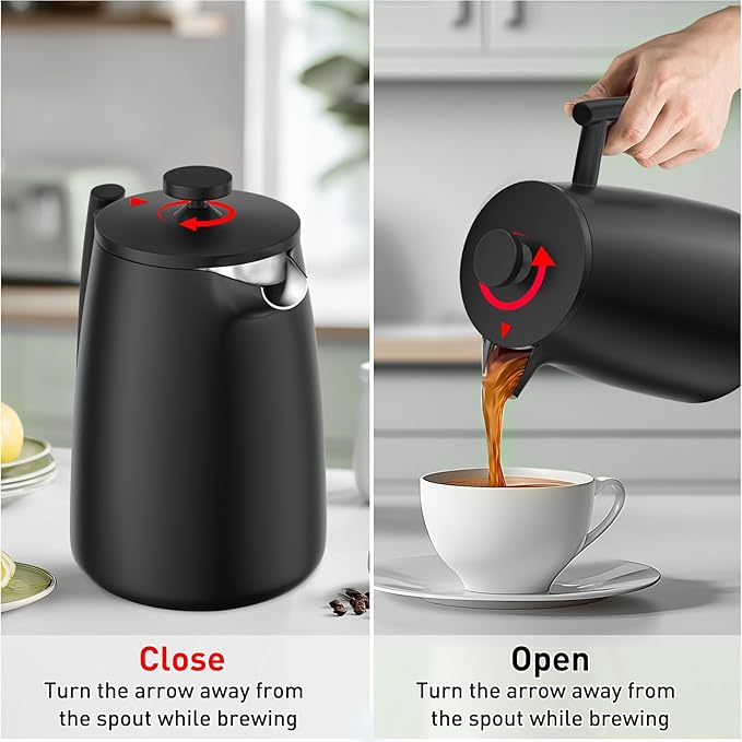 Secura 50oz French Press Coffee Maker – 304 Stainless Steel Insulated Coffee Press with Extra Filter Black