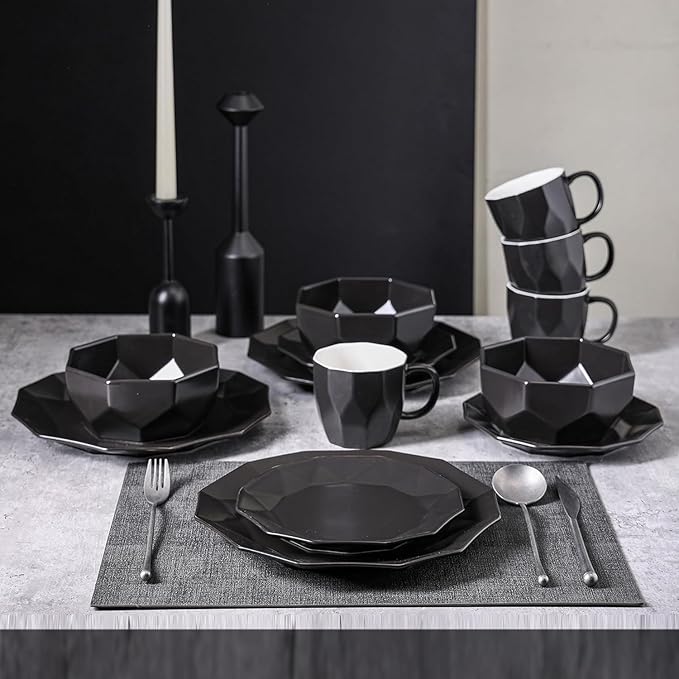 Stone + Lain Jamie Porcelain 16-Piece Geometric Dinnerware Set Black
