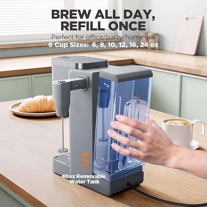 Single Serve Coffee Maker with Built-in Detachable Milk Frother Iced and Hot Coffee Machine for K Cup &amp Grounds 40oz Removable Water Reservoir 6 Cup Sizes Fits 7.3 Travel Mug Gray