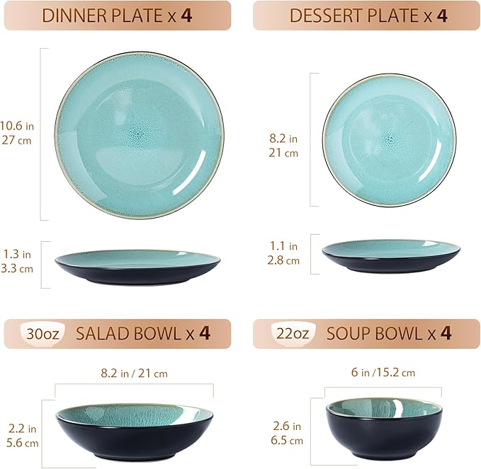 Plates and Bowls Sets for 4 - CJDC-QUELO 16-Piece Stoneware Dinnerware Sets Ceramic Dishware Set for Kitchen Use and Formal Dining Chip and Scratch Resistant Microwave Dishwasher Safe Green