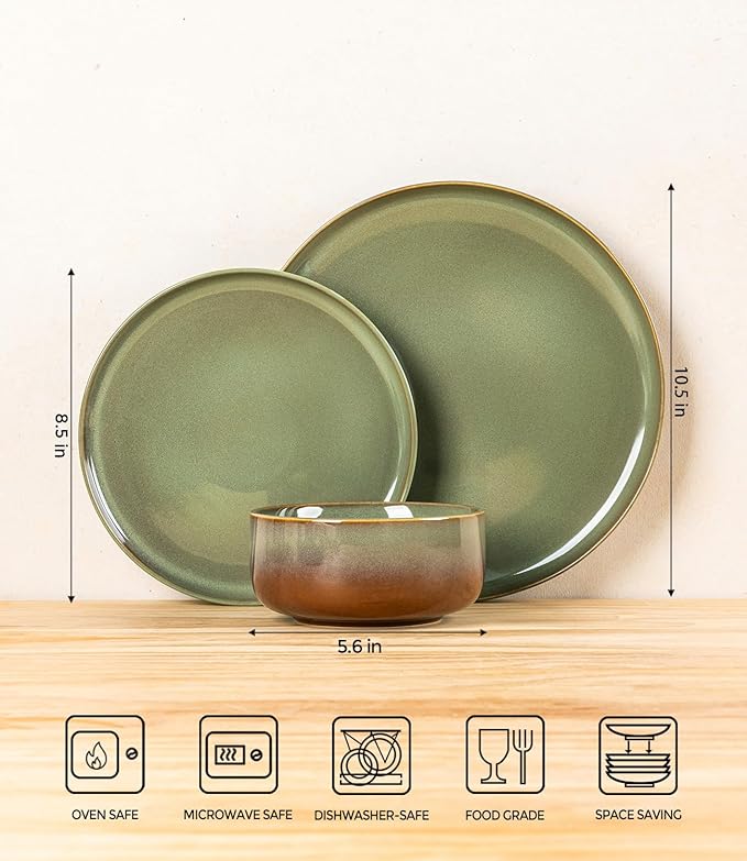 TheTerra Ceramic Dinnerware Sets for 6 18 Pieces Handmade Reactive Glaze Plates and Bowls Set Scratch Resistant Dish Set Oven &amp Microwave &amp Dishwasher Safe Sage Umber