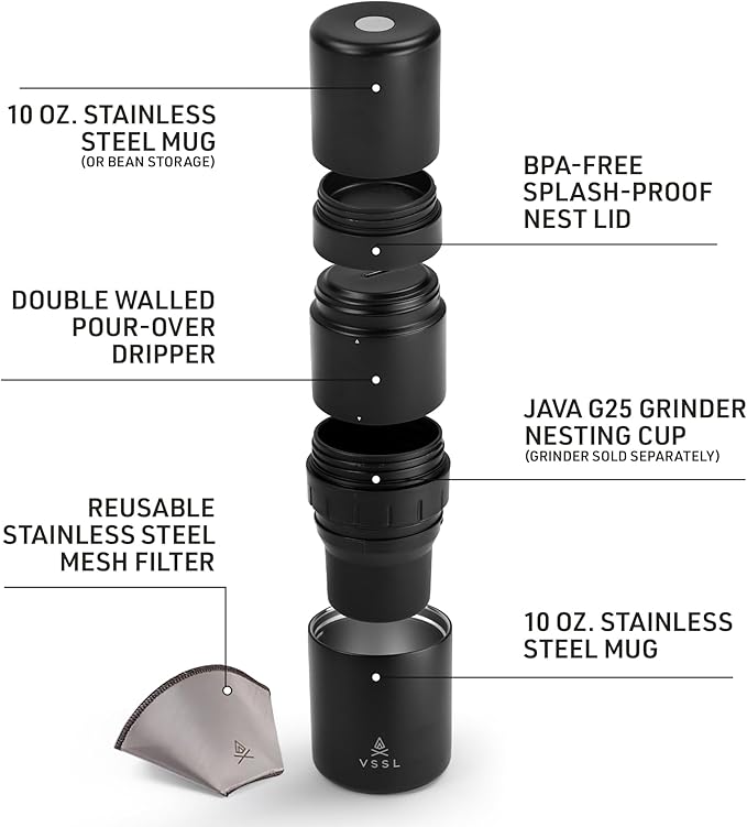 VSSL - Nest Pour Over Coffee Kit | Coffee Maker for Camping | All-In-One Travel Pour Over | Transportable Dripper Two 10oz Stainless Steel Travel Mugs | Compact Storage &amp Adventure Ready | Black