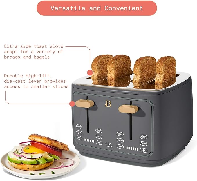 Toaster with Touch Activated Display by Drew BarrymoreExtra-Wide Slots 7 Settings Reheat Functions LED Countdown Timer (Oyster Gray)