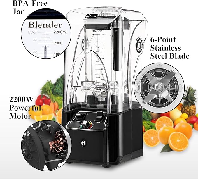 Commercial Blender for Smoothies 2200W with Soundproof Cover2200 ML15 Speeds6-leaves Stainless Steel BladeHeavy Duty Blender for RestaurantIce CrushShakes (Black)