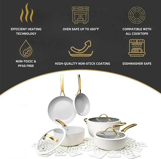 12 Pc Ceramic Cookware Set Nonstick Pots Pans and Fry Pans – Ceramic Non-Stick Ribbed Cookware Set Ergonomic Stay Cool Handles 446°F Oven Safe Dishwasher Safe (White)