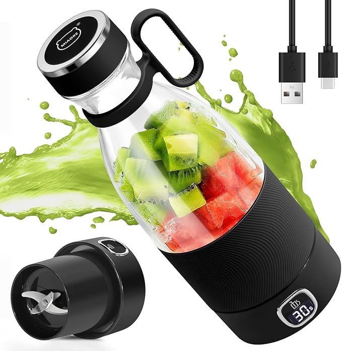 MIAOKE Portable Blender 6 Blades Juicer Cup for Juice Shakes and Smoothies 350ml Mini Blender with Led Display Usb Rechargeable3000Mah Rechargeable Battery for Home Sports Outdoors Travel-Black