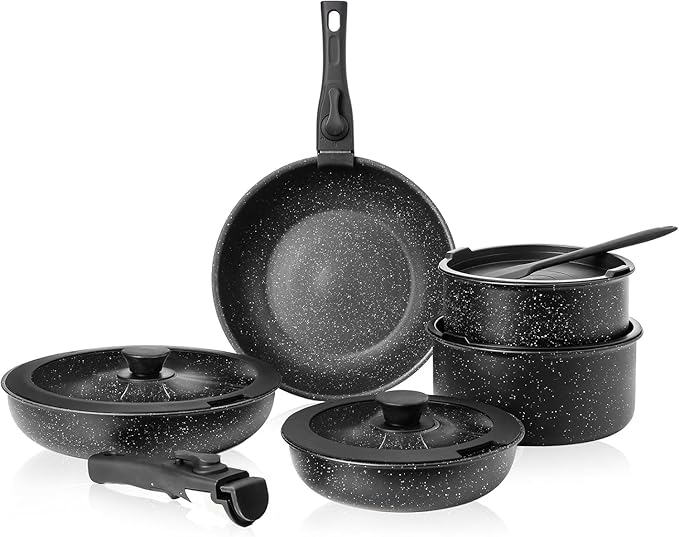 12 PCS Pots and Pans Set Non Stick Kitchen Induction Cookware Oven-Safe Stackable RV Cookware with Detachable Handle Black