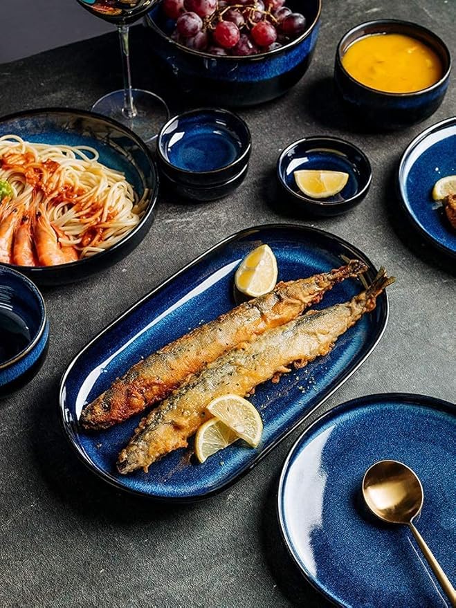 Dinner Set for Family Party Hotel Restaurant 6-39 Pieces Nordic Style Dinnerware Set Deep Sea Blue Kiln Chan