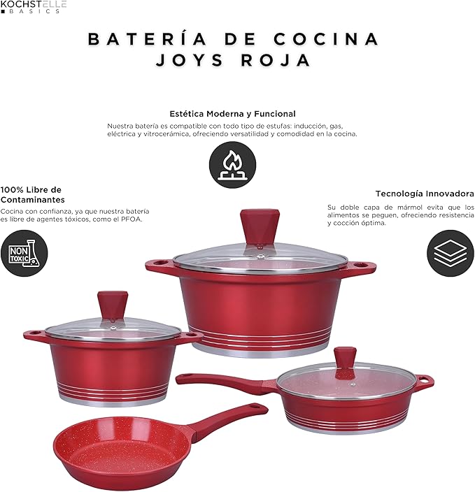 Non Stick Cookware Set Marble 13Pieces Black Kochstelle Basics… (Red)