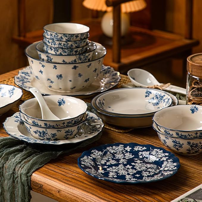 Ceramic Dinnerware Sets for 4 12 Pieces Dishes Set for Kitchen Porcelain Floral Plates and Bowls Set Microwave and Dishwasher Safe Scratch Resistant Underglaze painting (Floral Blue)