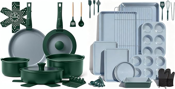 Ammeloo 18-Piece Ceramic Pots and Pans Set &amp 22-Piece Baking Pans Set Stackable Bakeware Hunter Green
