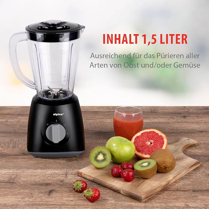 alpina Blender 1.5L Liquidifier 400 W Blender Jug with Turbo Function Plastic Blender Stainless Steel Blades Black