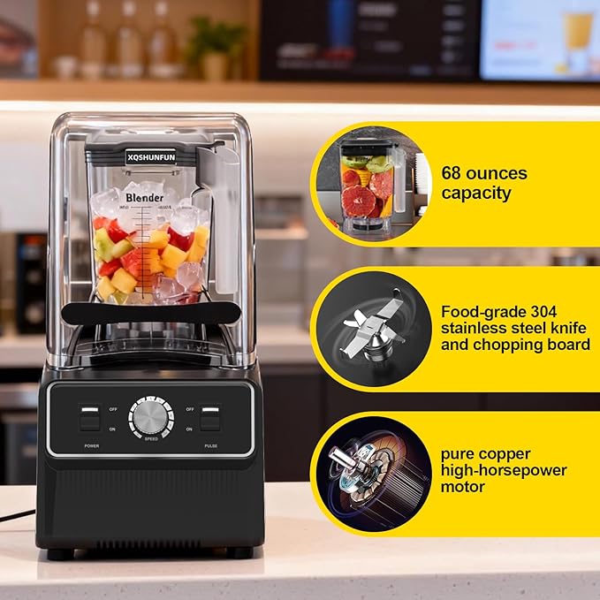 Professional Soundproof Blender True 1800W Commercial Quiet Blender 68oz Dishwasher Safe Square Jar with Precise Scale Sound Shield Enclosure Pure Copper Motor