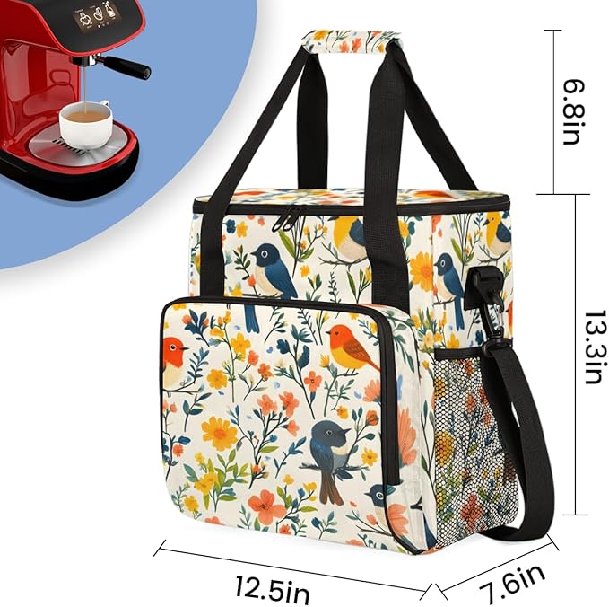 Birds Floral Coffee Maker Carrying Bag Portable Travel Storage Tote Bag Compatible with K-Mini or K-Mini Plus Single Serve Coffee Brewer Carrying Case with Multiple Pockets &amp Shoulder Strap
