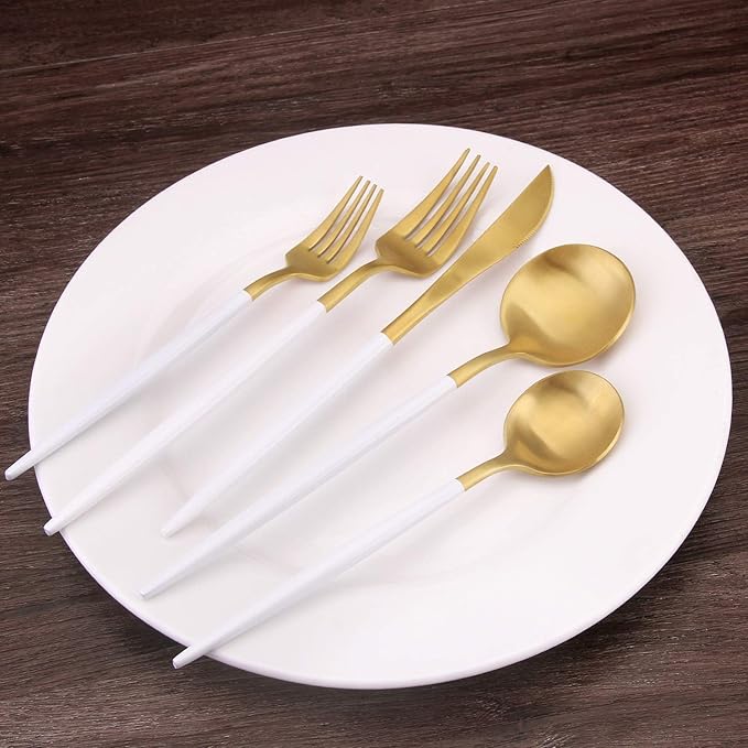 Matte Gold Silverware Set with white handle Bysta 20-Piece Stainless Steel Flatware Set Kitchen Utensil Set Service for 4 Tableware Cutlery Set for Home and Restaurant Dishwasher Safe