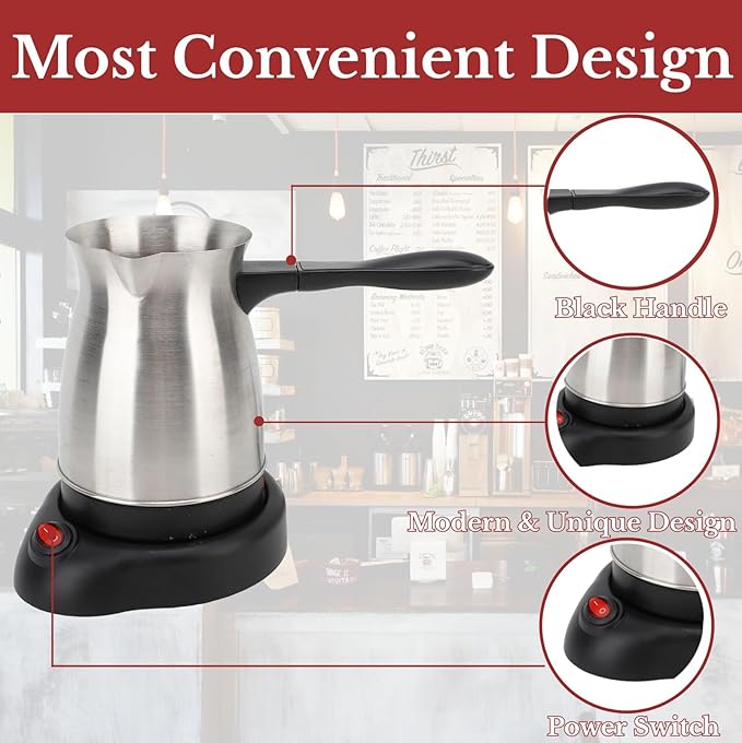VINGVO Turkish Coffee Maker Stainless Steel 600ml Electric Turkish Coffee Machine Arabic &amp Greek &amp Turkish Electric Coffee Maker Machine Pot Warmer KettleLarge Capacity For Home Travel